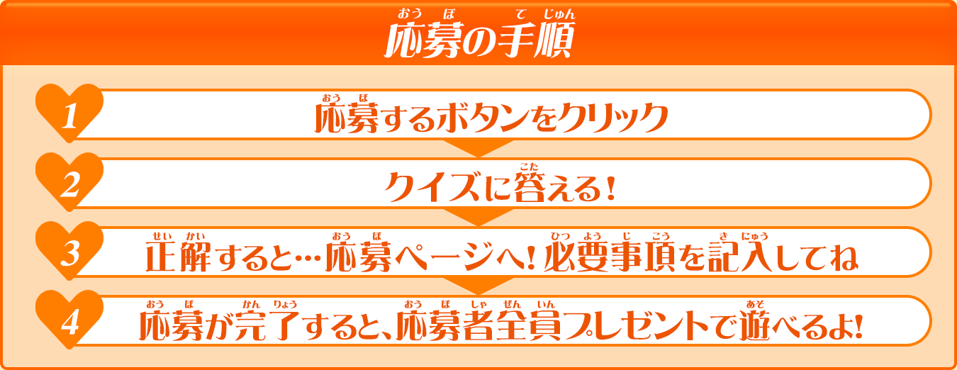 【応募の手順】1.応募するボタンをクリックすると、『映画プリキュアミラクルリープ みんなとの不思議な１日』に関するクイズが表示されます。2.クイズの答えを入力して決定を押してください。3.正解すると応募ページにアクセスできます。必要事項のご記入とアンケートへのご協力をお願い致します。4.ご応募が完了すると、「応募者全員プレゼント」がもらえます。